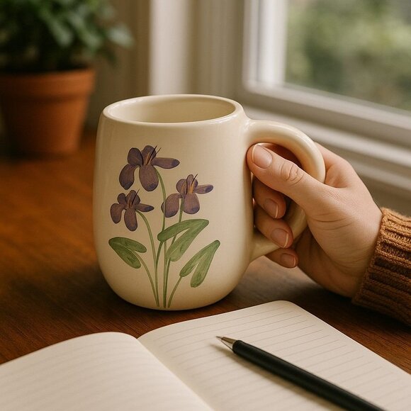 Vintage 1992 Handcrafted Emerson Creek Pottery Mug With Purple Iris Design 12 Oz - Picture 1 of 8